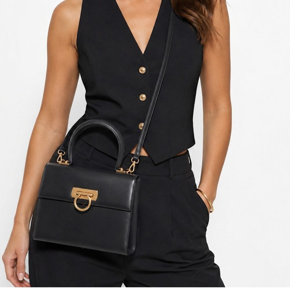 Salvatore Ferragamo Black Leather Top-Handle Tote with Gold Hardware